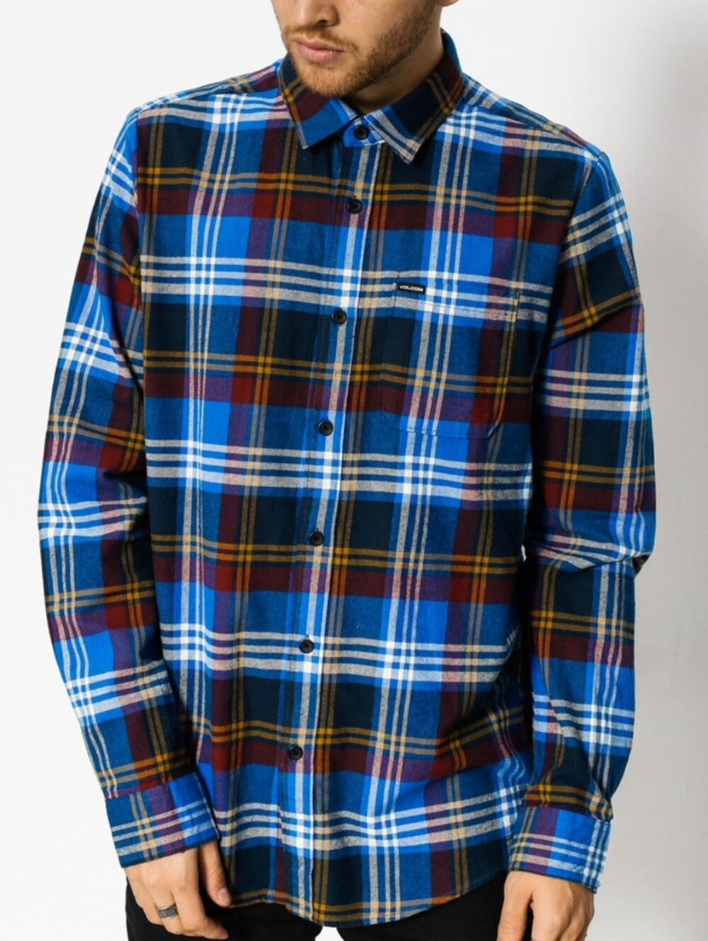 Volcom Caden Blue Red & Yellow Plaid Thick Cotton Flannel Skater Shirt, Size S